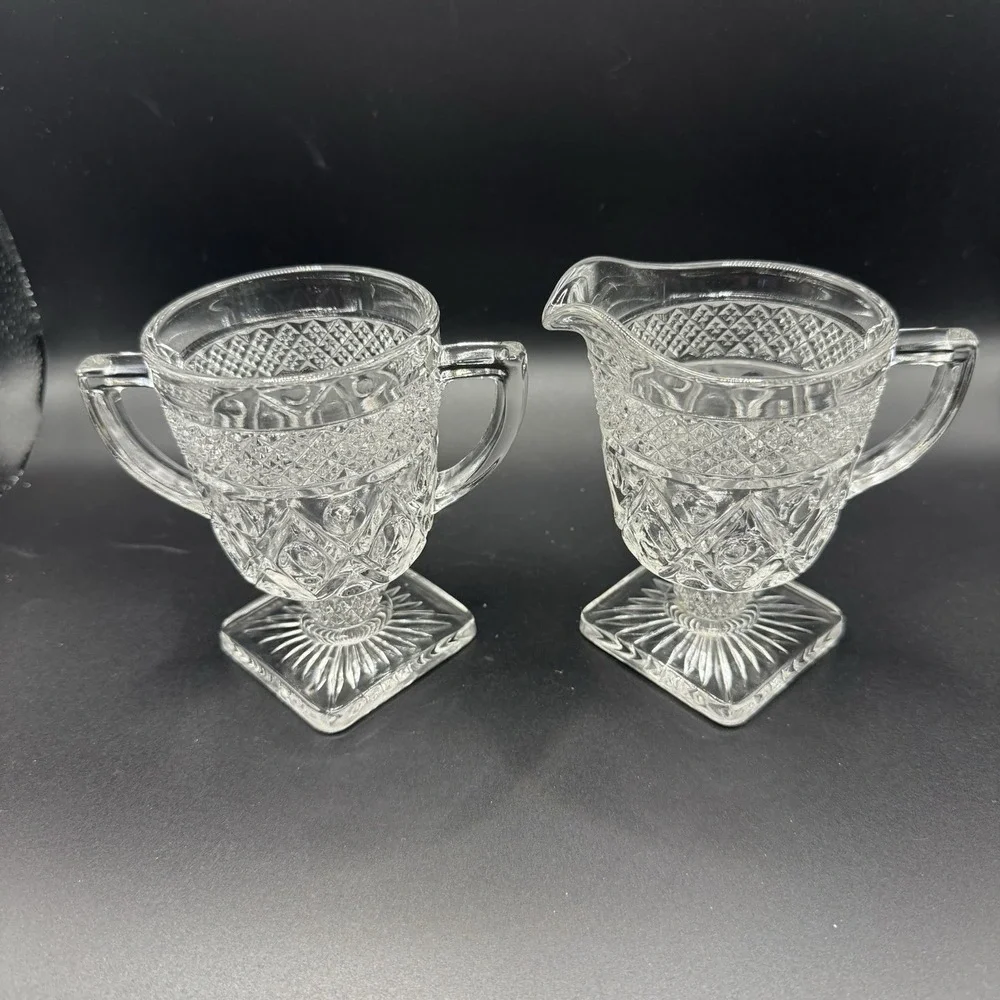 IMPERIAL GLASS OHIO Cape Cod Clear Creamer & Open Sugar with Fancy Stem